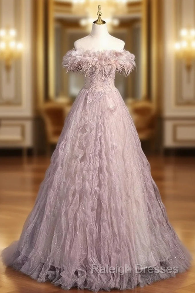 Amazing Pink Tulle Off the Shoulder Beading Prom Dress