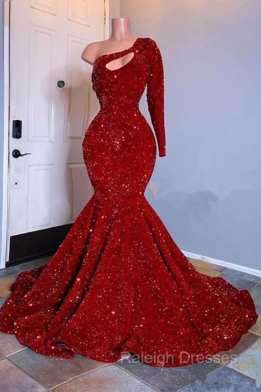 Amazing Red Long Sleeves Prom Dress One-Shoulder Mermaid With Sequins Secondary image