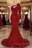 Amazing Red Long Sleeves Prom Dress One-Shoulder Mermaid With Sequins