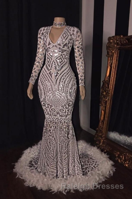 Amazing Sequins V Neck Long Sleeve Mermaid Prom Dress