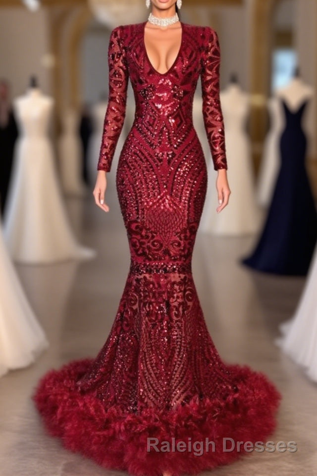 Amazing Sequins V-neck Long Sleeve Mermaid Prom Dresses Main image