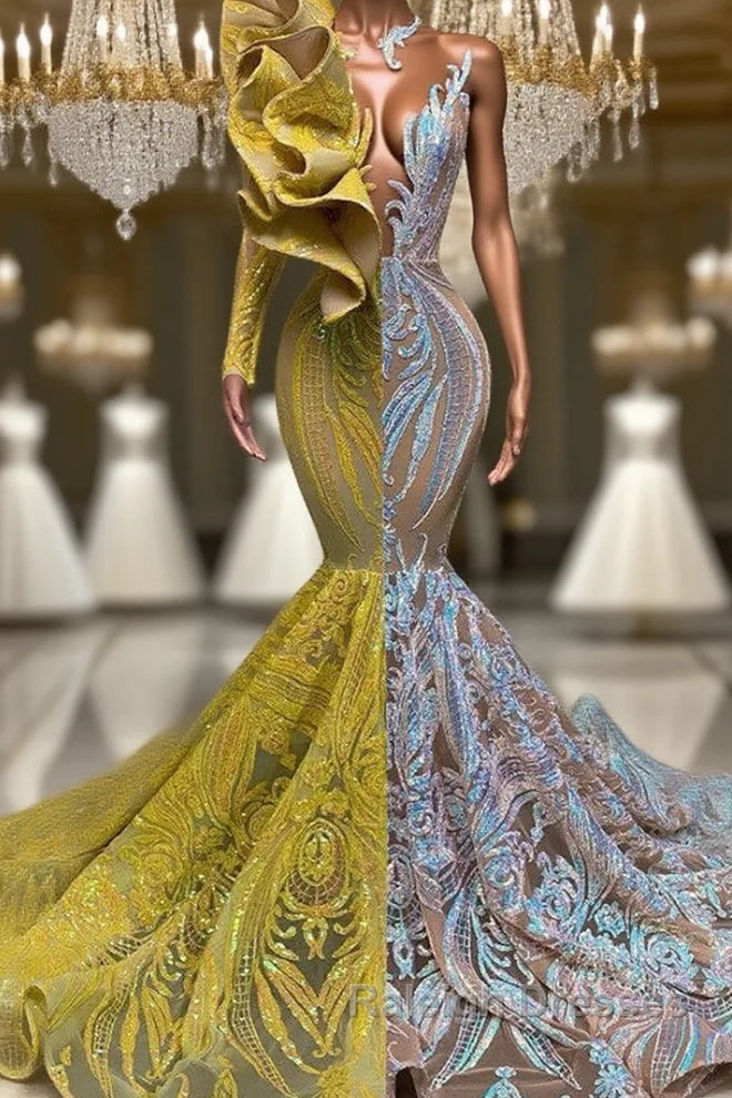 Amazing V-Neck One Shoulder Long Sleeve Long Mermaid Prom Dress Main image