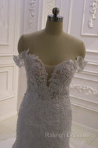 AmazingWhite 3D Lace applique Off the Shoulder Mermaid Bridal Gowns