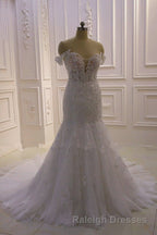 Amazing White 3D Lace applique Off the Shoulder Mermaid Bridal Gowns