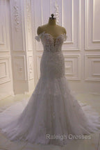 AmazingWhite 3D Lace applique Off the Shoulder Mermaid Bridal Gowns