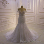 Amazing White 3D Lace applique Off the Shoulder Mermaid Bridal Gowns