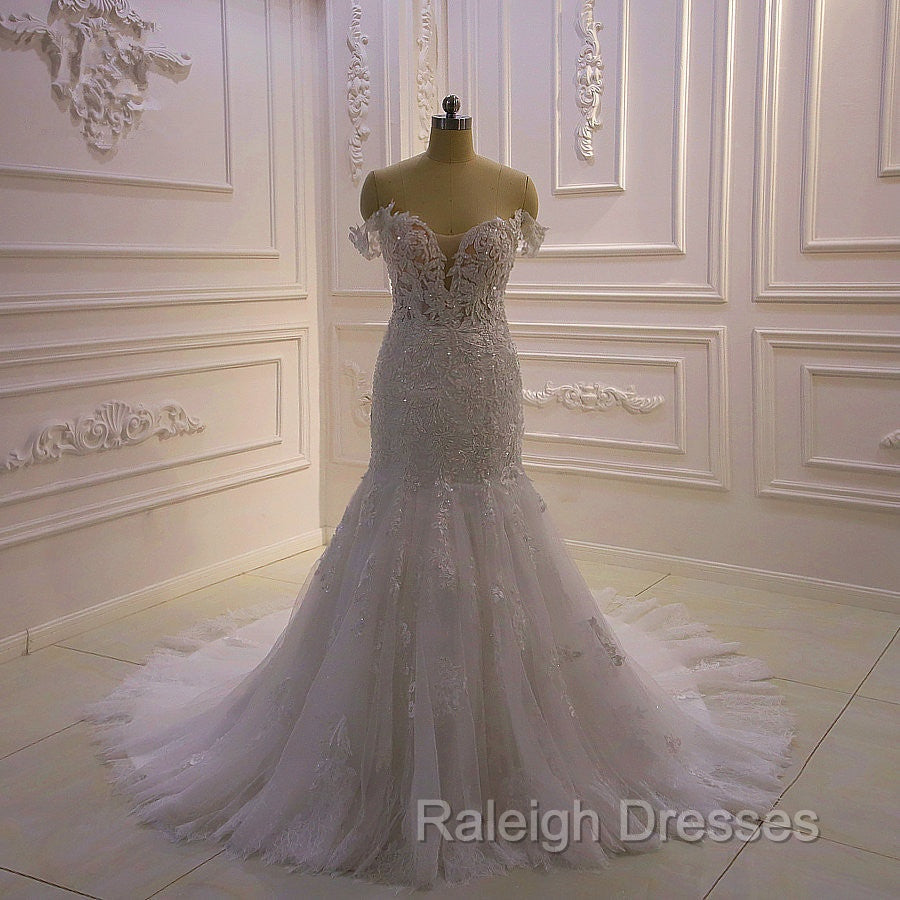 AmazingWhite 3D Lace applique Off the Shoulder Mermaid Bridal Gowns