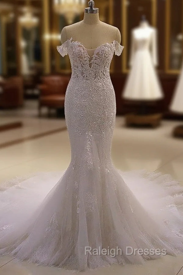 AmazingWhite 3D Lace applique Off the Shoulder Mermaid Bridal Gowns