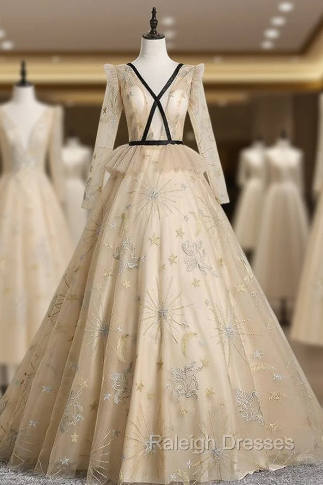 An Extra 40% Off Storewide Champagne Ball Gown Tulle V-neck Long Sleeve Quinceanera Dress