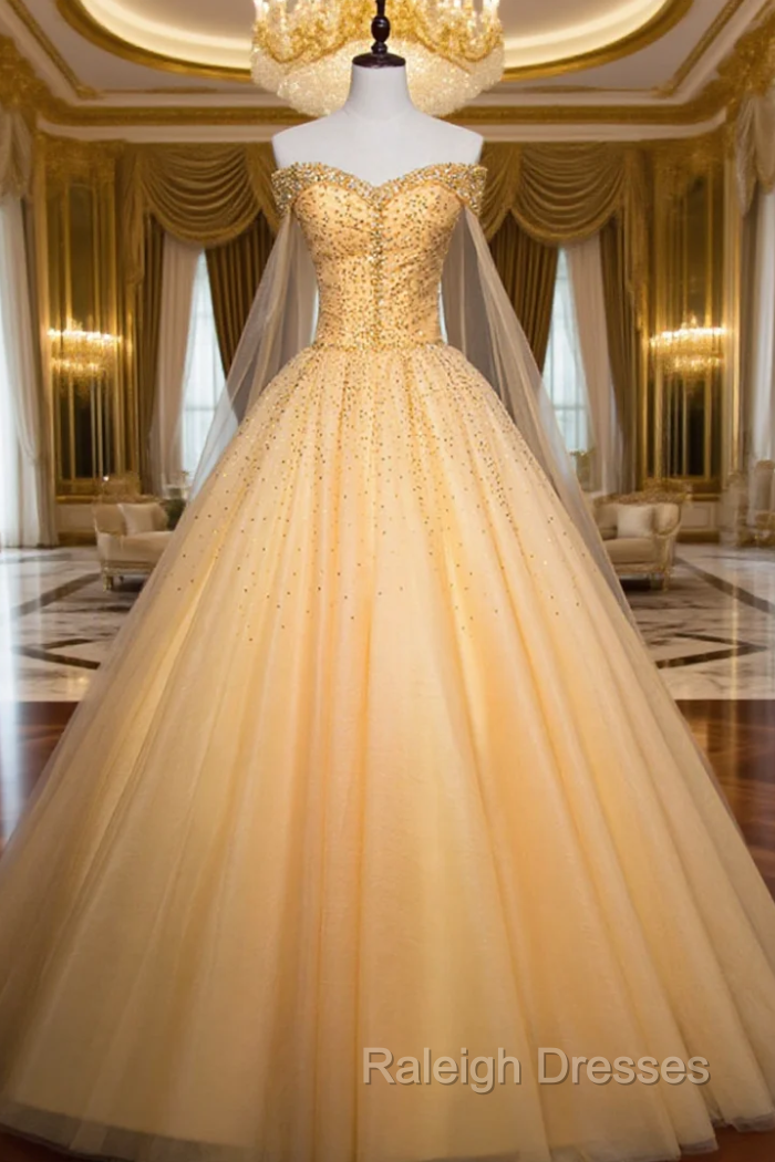 An Extra 40% Off Storewide Fashion Gold Ball Gown Tulle Off the Shoulder Beading Quinceanera Dress Main image