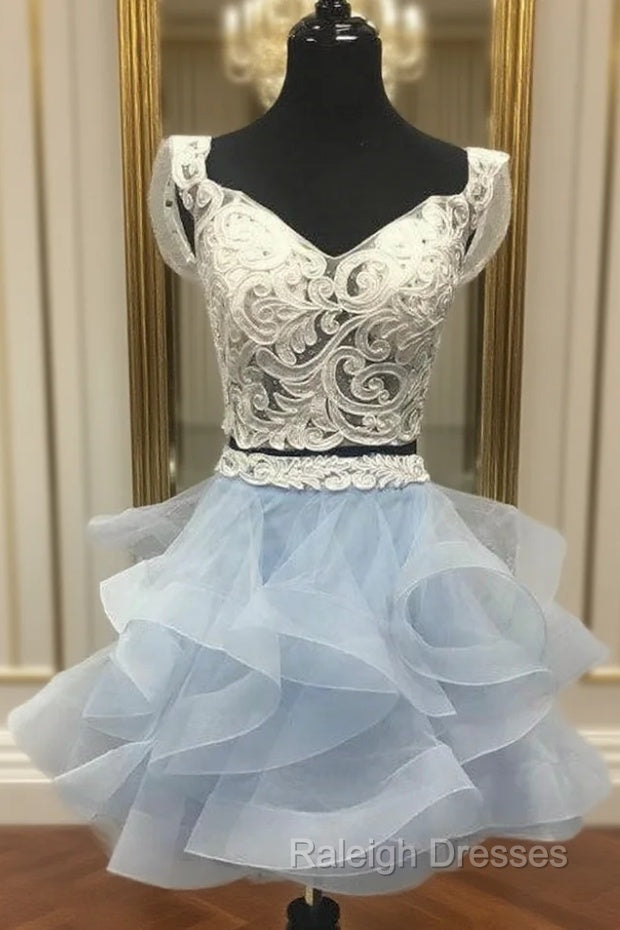 And Light Sky Blue Two Piece Off the Shoulder White Short Prom Dresses