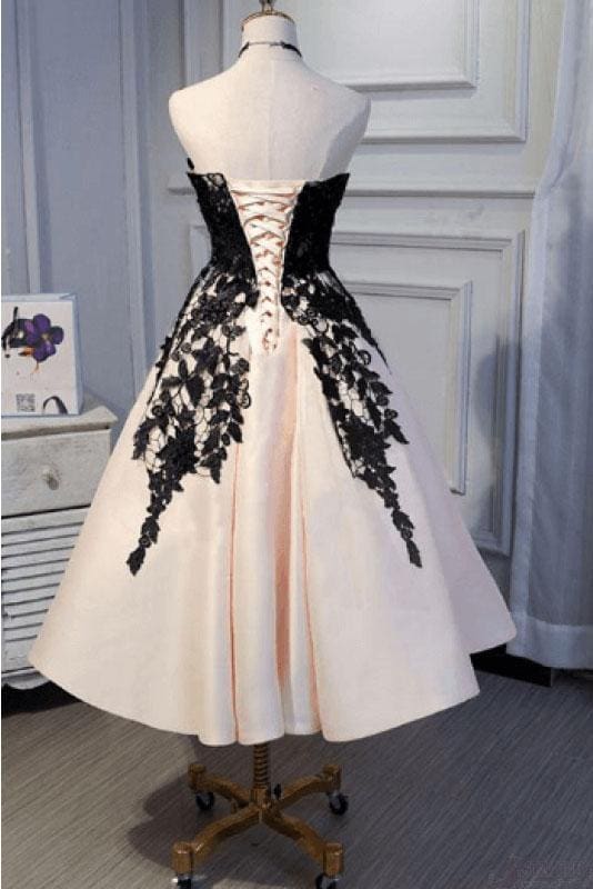 Ankle Length Strapless Formal Prom with Black Lace A Line Princess Homecoming Dress
