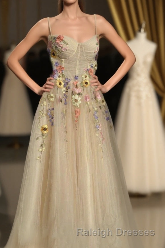 Ankle Length Tulle Straps Prom Dress with Flowers, A Line Party Gown