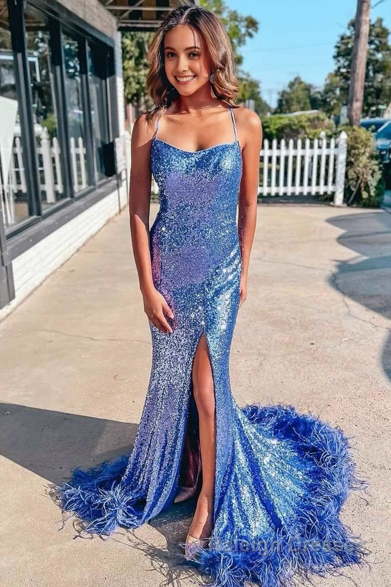 Blue Sequin Feather Lace-Up Back Mermaid Long Prom Dress with Slit Main image