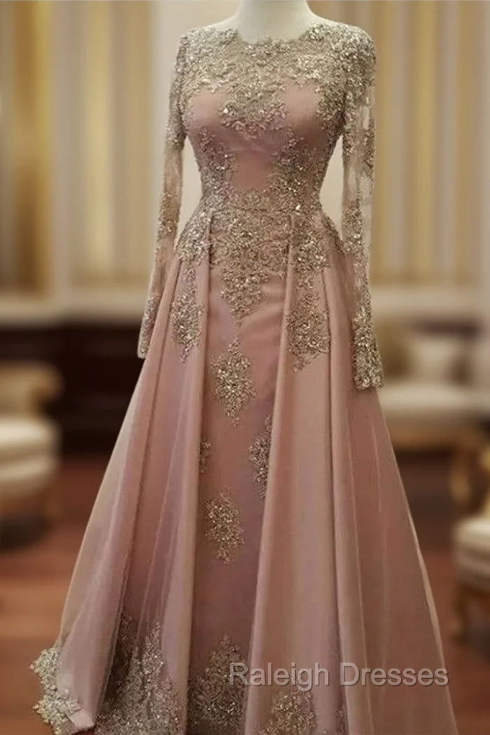 Applique Crystal Jewel Side slit Longsleeves Chic Prom Dress with Charming Beads Main image