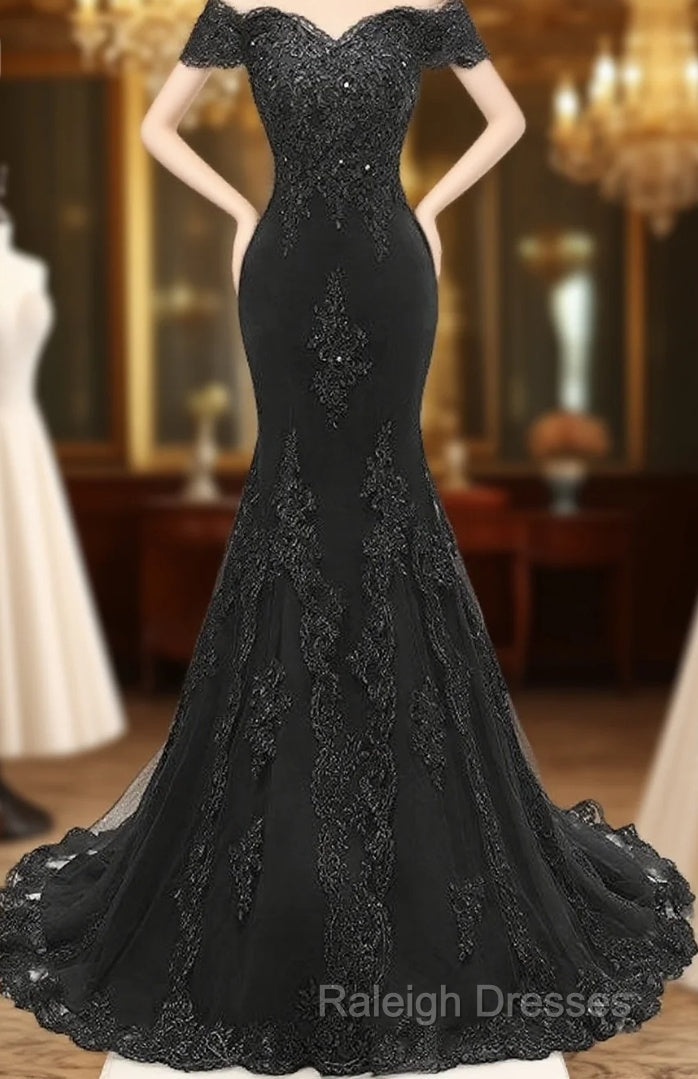 Applique Off The Shoulder Black Mermaid Long Prom Dress