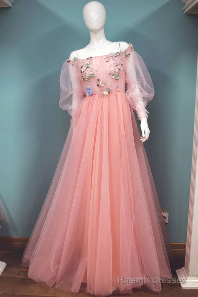 Appliques Flower Pink Tulle Lace Long Sleeves Prom Dresses