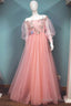 Appliques Flower Pink Tulle Lace Long Sleeves Prom Dresses