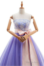 Appliques Long Purple Tulle Lace Prom Dresses With Belt