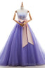 Appliques Long Purple Tulle Lace Prom Dresses With Belt