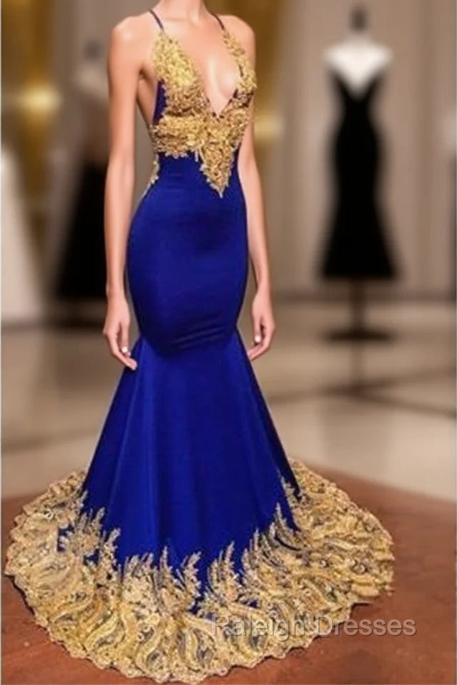 Appliques Spaghetti Sleeveless V-neck Mermaid Prom Dresses Main image