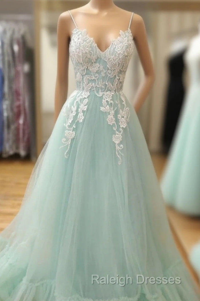 Appliques Spaghetti Straps Mint Green Tulle A-Line Prom Dresses