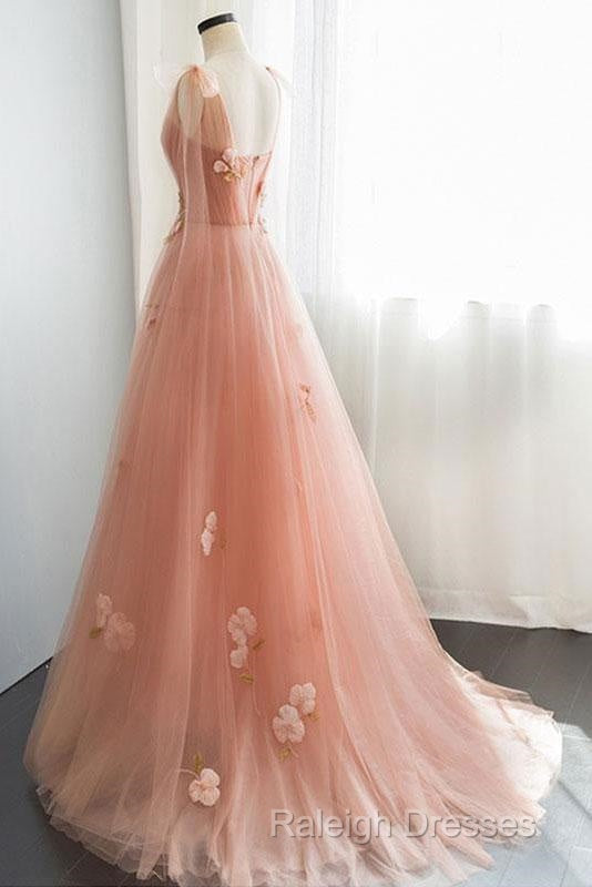 Appliques Straps Long Pink Tulle Flowers Prom Dress Secondary image