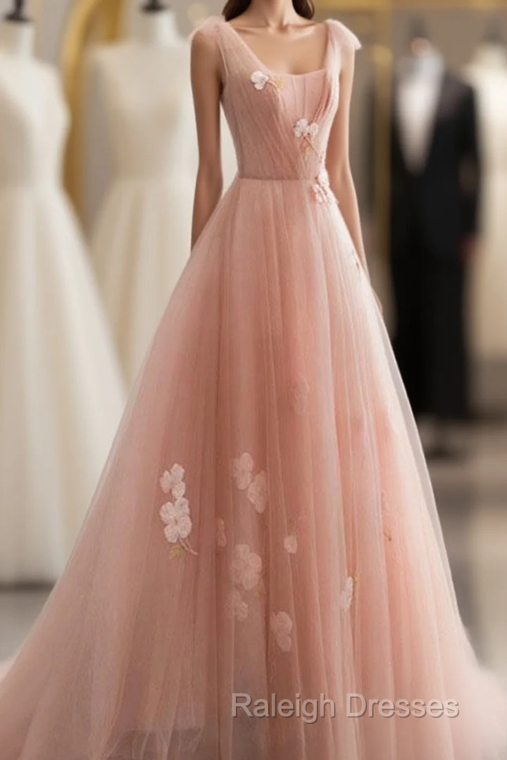 Appliques Straps Long Pink Tulle Flowers Prom Dress Main image