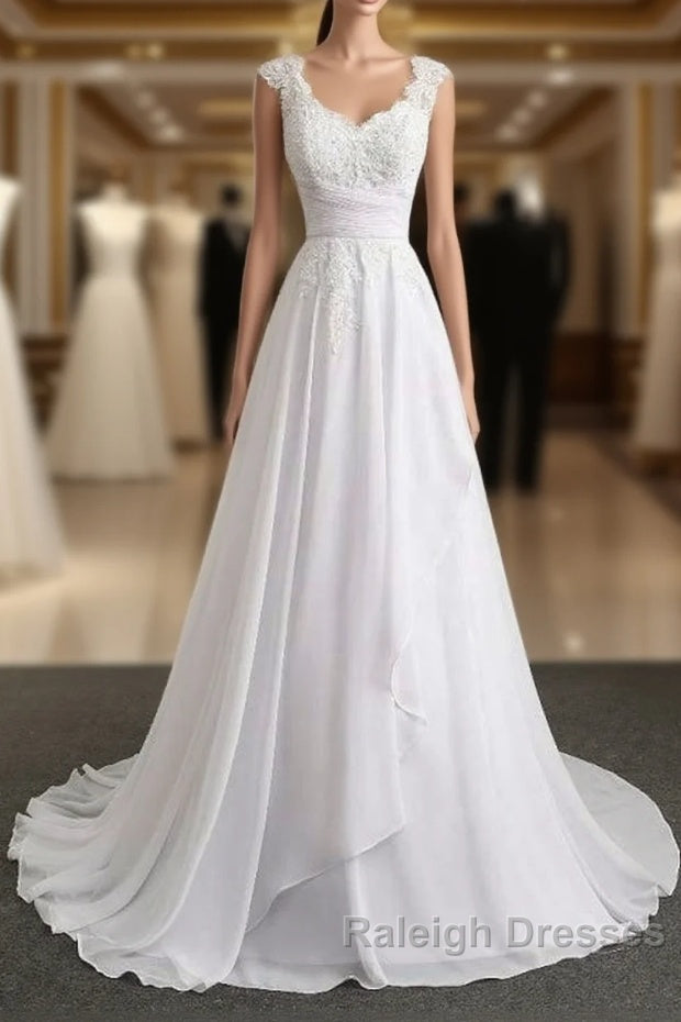 Appliques V-Neck Lace-Up Chiffon Wedding Dresses Main image