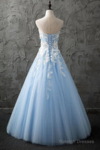 Appliques White Lace Strapless Sweetheart Light Blue Prom Dresses