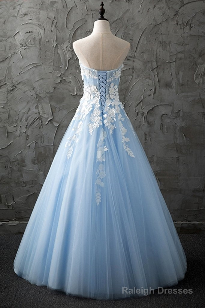 Appliques White Lace Strapless Sweetheart Light Blue Prom Dresses