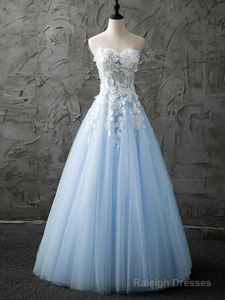 Appliques White Lace Strapless Sweetheart Light Blue Prom Dresses Main image