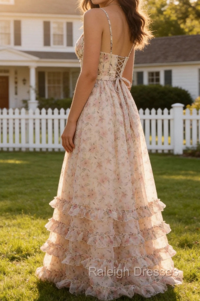 Apricot A Line Print Prom Dress with Slit