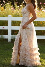Apricot A Line Print Prom Dress with Slit