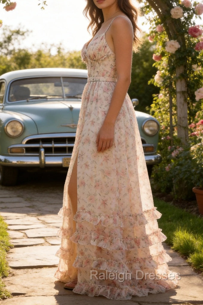 Apricot A Line Print Prom Dress with Slit