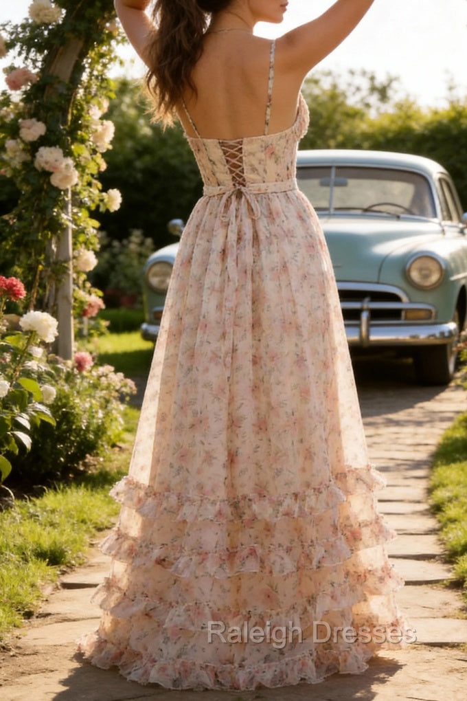 Apricot A Line Print Prom Dress with Slit