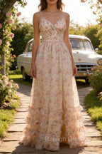 Apricot A Line Print Prom Dress with Slit