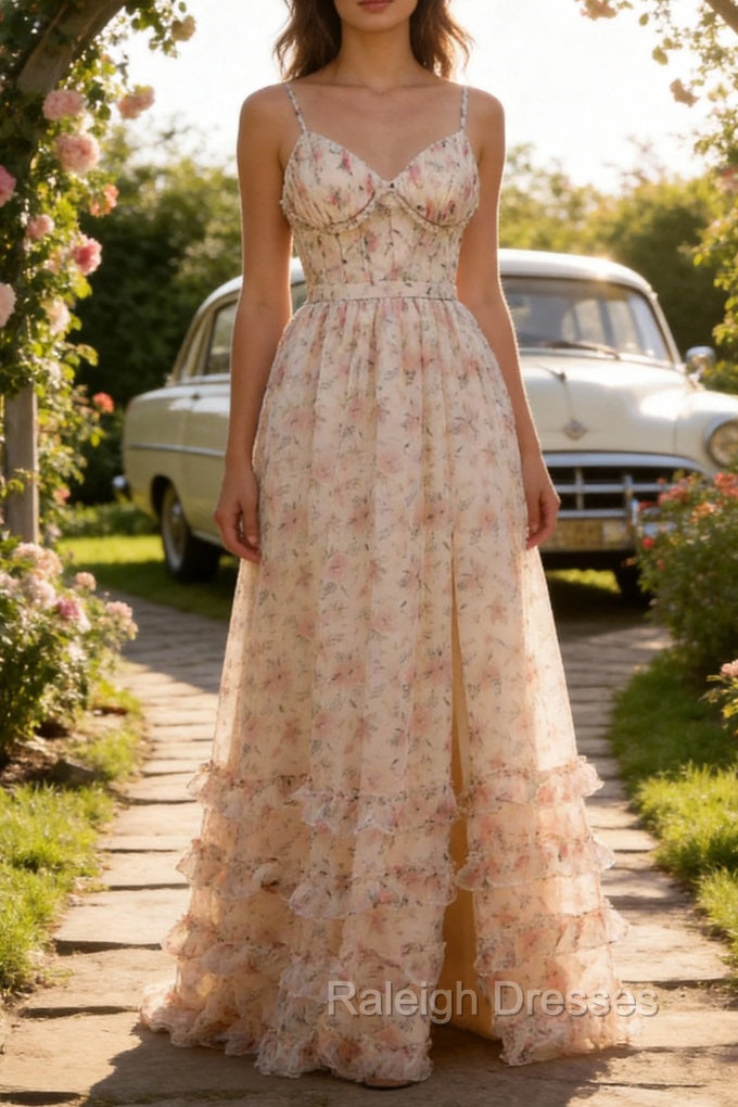 Apricot A Line Print Prom Dress with Slit