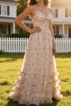 Apricot A Line Print Prom Dress with Slit