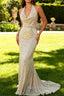 Apricot Mermaid Halter Sequins Open Back Long Prom Dress