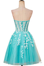 Aqua Blue Strapless A-Line Short Homecoming Dress with Appliques