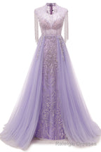 Arabic Purple Elegant A Line Beaded Tassel Luxury Dubai Evening Dresses Gowns For Women