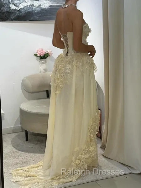 Aristocratic A-line Sweetheart Appliques Lace Sweep Train Chiffon Corset Prom Dress