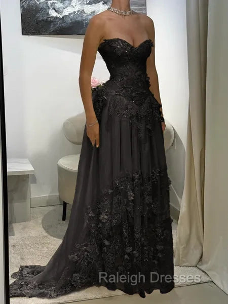 Aristocratic A-line Sweetheart Appliques Lace Sweep Train Chiffon Corset Prom Dress