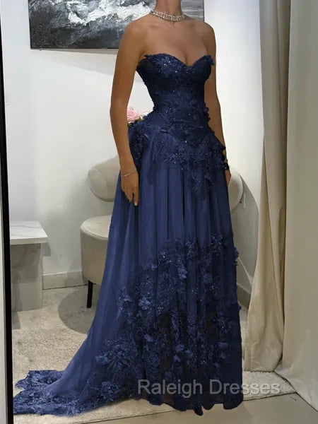 Aristocratic A-line Sweetheart Appliques Lace Sweep Train Chiffon Corset Prom Dress