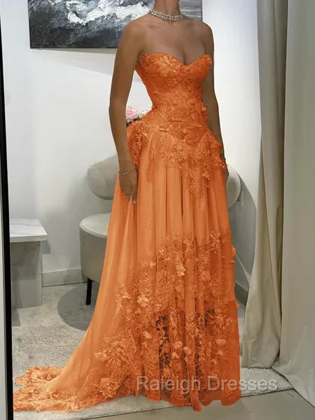 Aristocratic A-line Sweetheart Appliques Lace Sweep Train Chiffon Corset Prom Dress