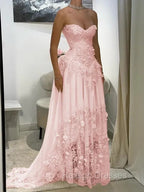 Aristocratic A-line Sweetheart Appliques Lace Sweep Train Chiffon Corset Prom Dress