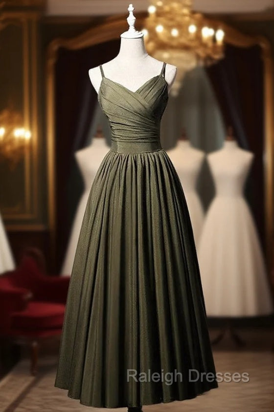 Army Green Satin Spaghetti Straps Pleats Prom Dress