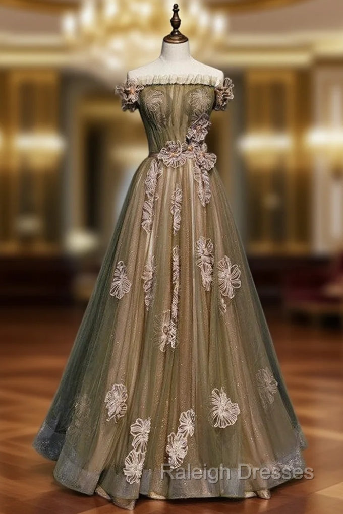 Army Green Tulle Off the Shoulder Prom Dress