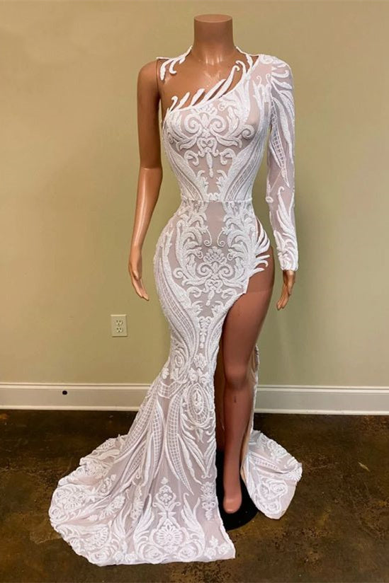 Asymmetrical Mermaid High Split One Shoulder Floor-Length Long Sleeve Appliques Lace Prom Dress Main image